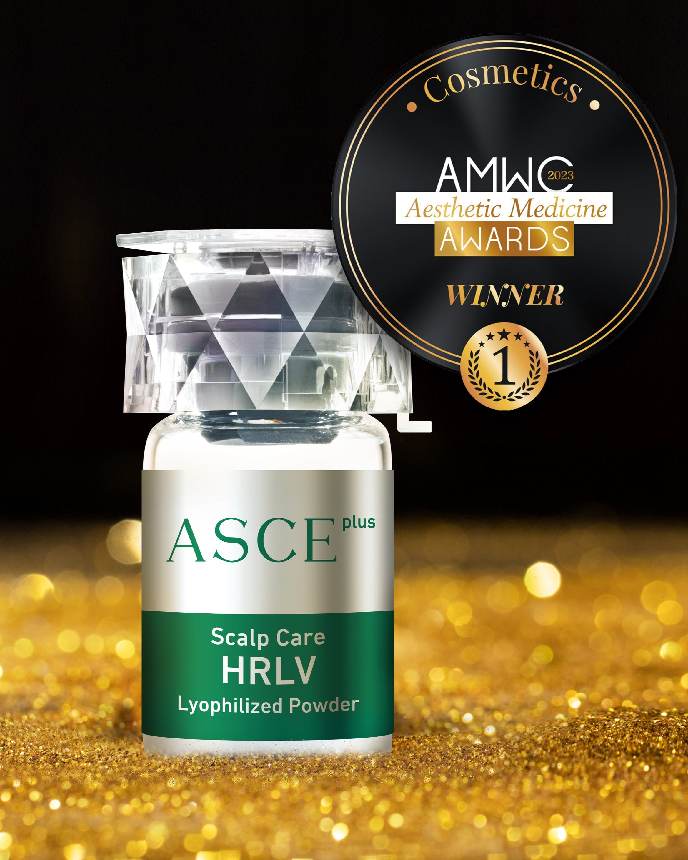 ASCE Scalp Care HRLV Lyophilized Powder bottle with AMWC Aesthetic Medicine Awards badge on a glittery gold background